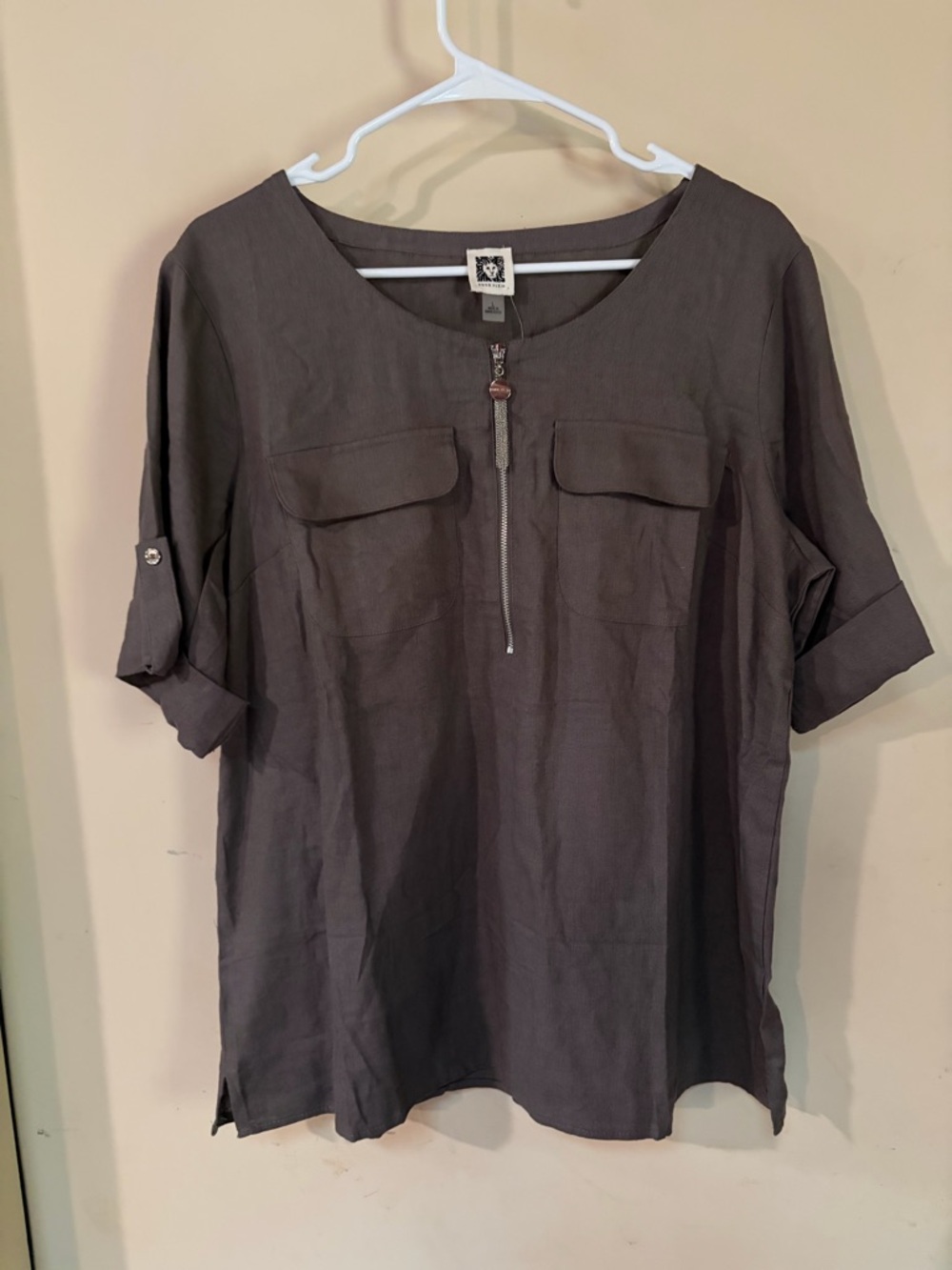 Anne Klein Dark Gray Zip Front Blouse